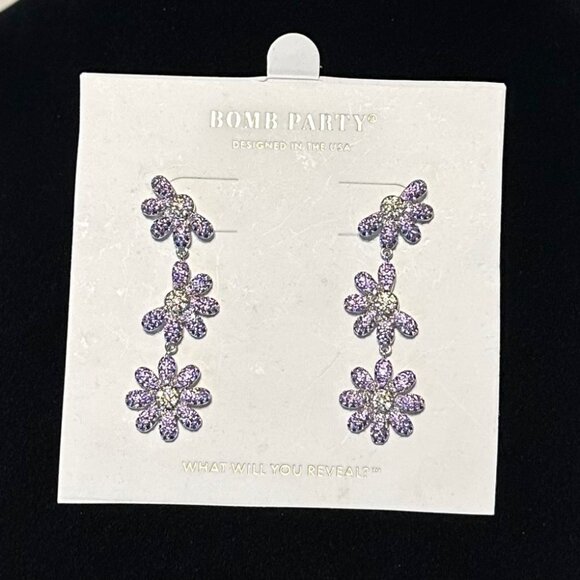 Bomb Party Dripping Daisies Purple Yellow Crystal Pierced Earrings Original Card - Picture 1 of 3